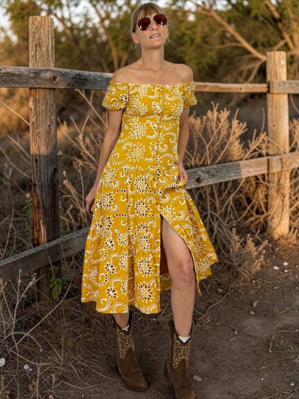 Floret Studios Off The Shoulder Tiered Midi Dress XS Yellow Floral Western